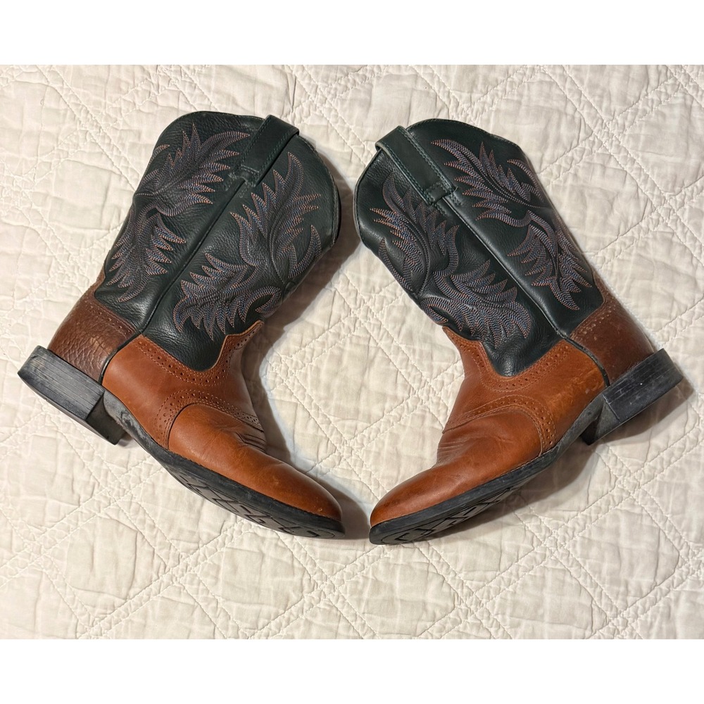 Ariat Heritage Cowboy Boots Men 7.5 Wide EE Brown Green Leather Western Brogue